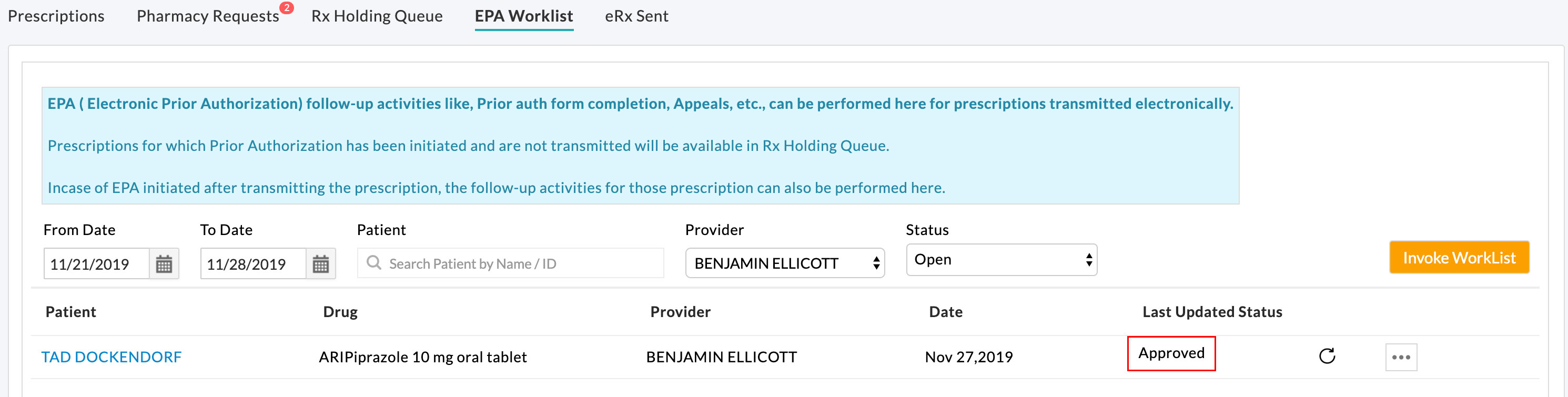 EPA Approved Worklist View
