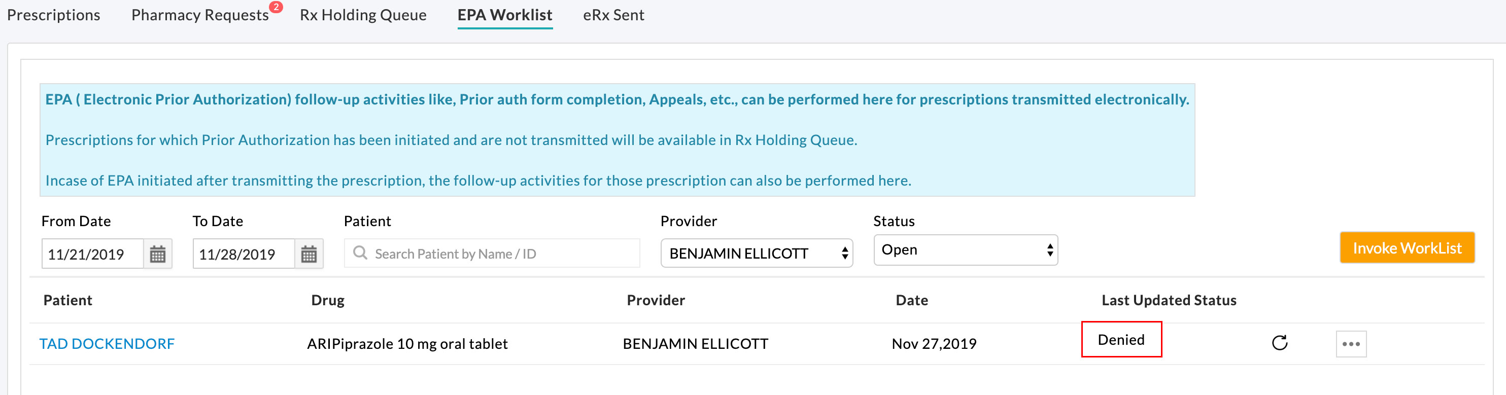 EPA Denied Worklist View