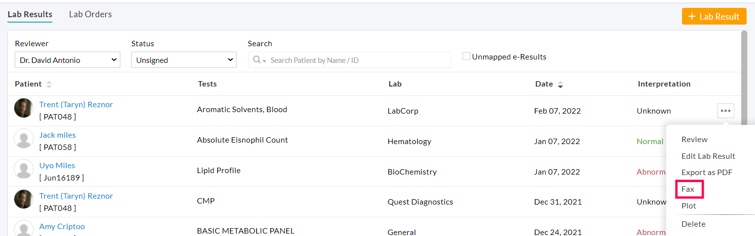 Fax Lab Result Option