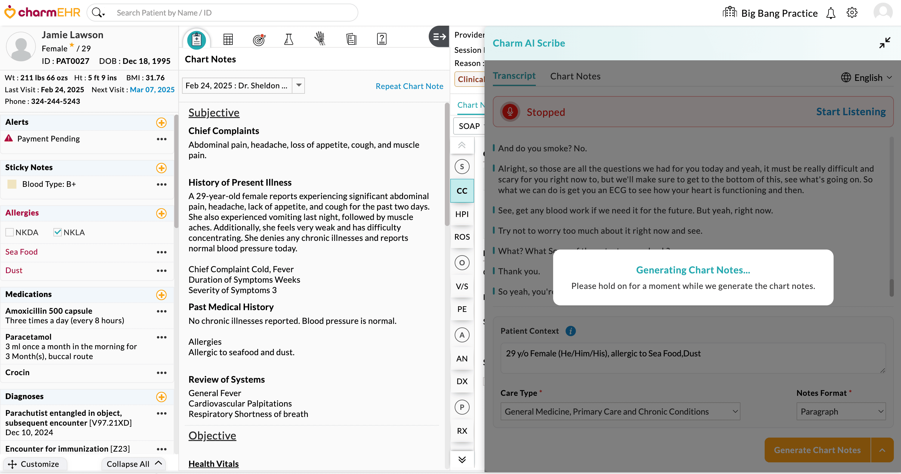 Generating Chart Note for Transcription