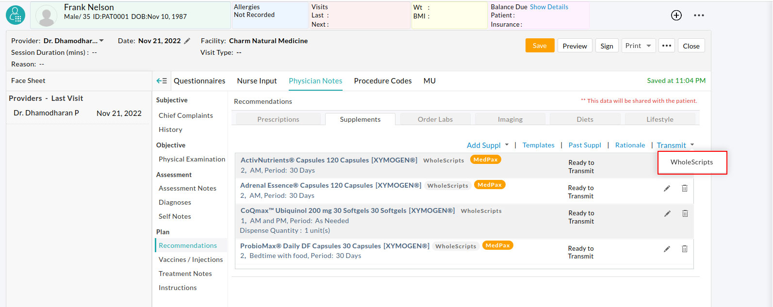 Transmit to WholeScripts Option