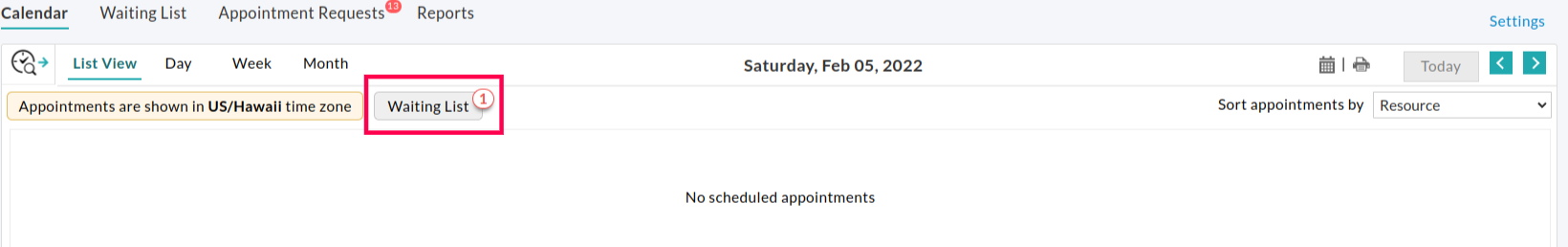 View Waiting List Appointment