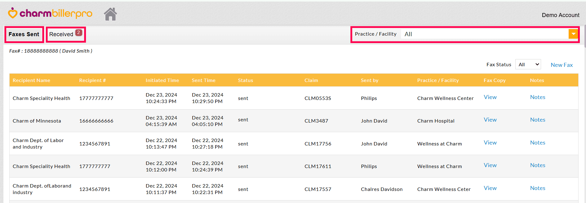 Faxes Sent and Received