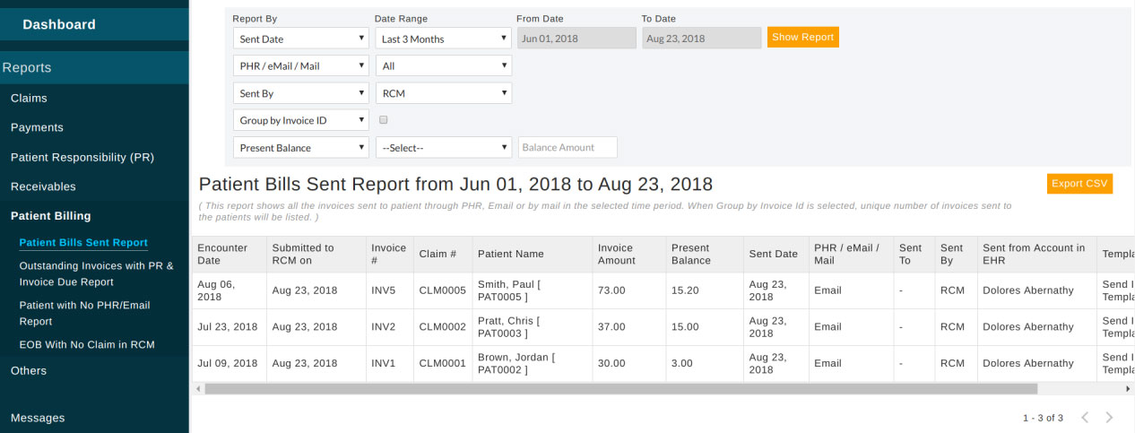 Patient Bills Sent Report
