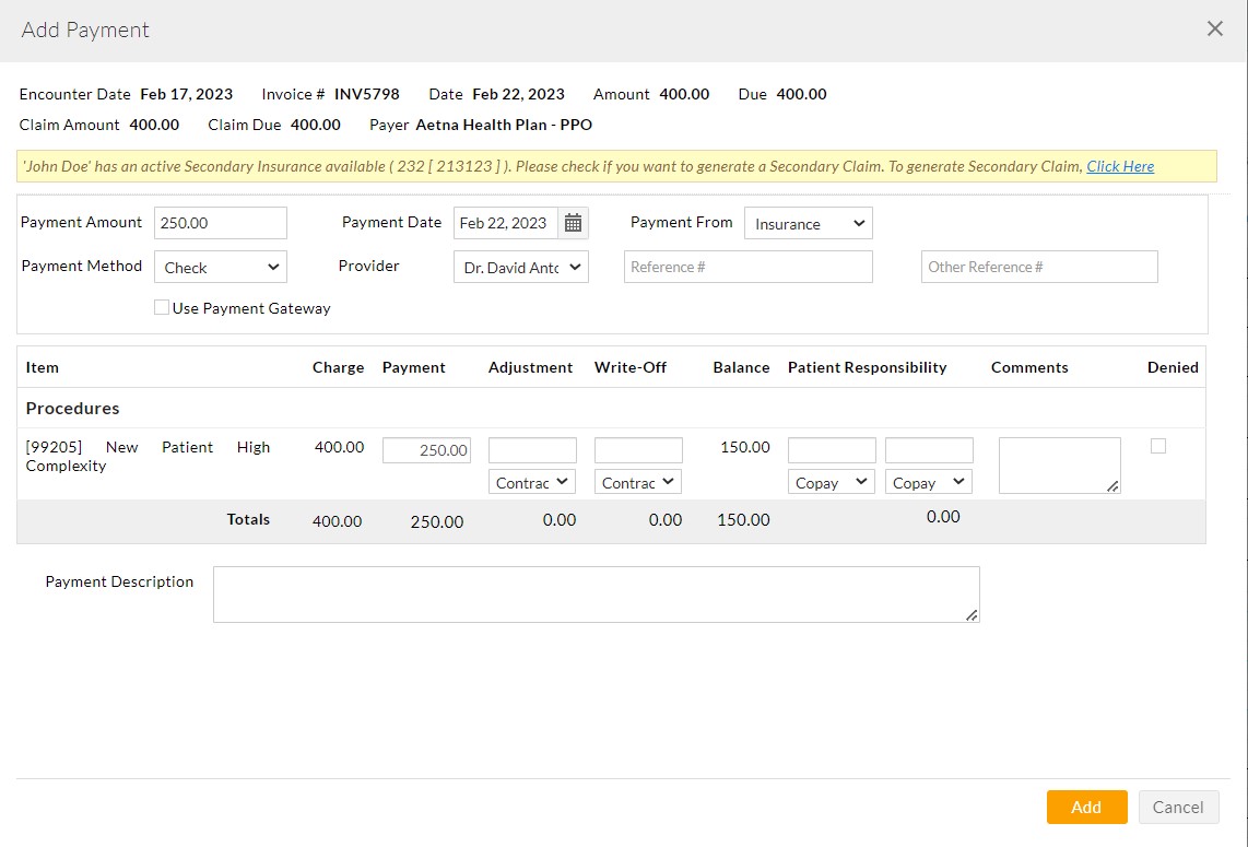Add Payment to Claim