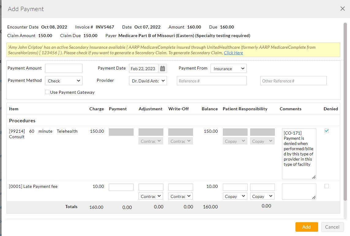 Add Payment to Claim