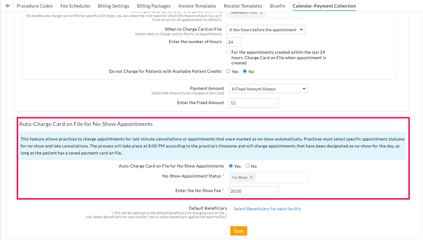 Auto-Charge Card on File for No-Show Appointments