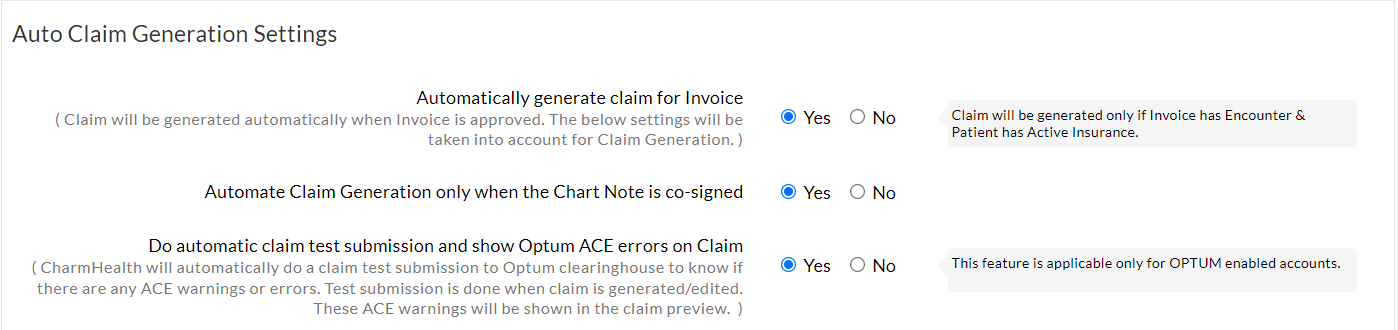 Auto Claim Generation Settings