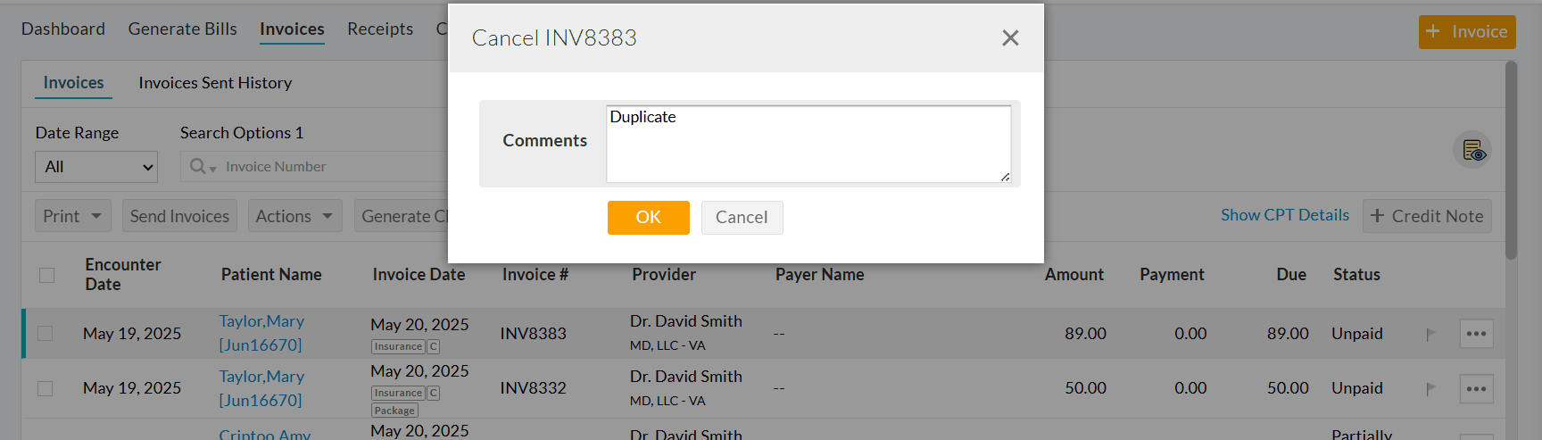 Cancel Invoice Comments