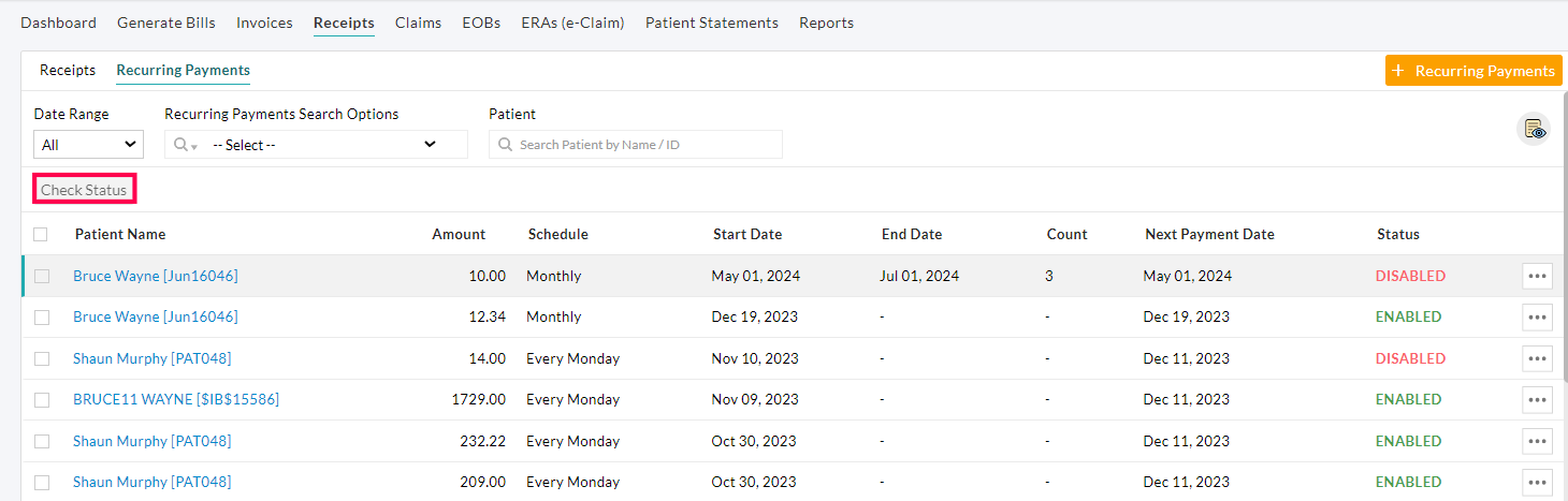 Check the Status of Recurring Payments