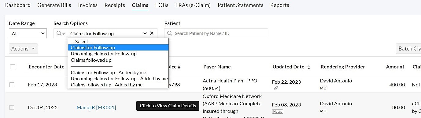 Claim Follow Up Option