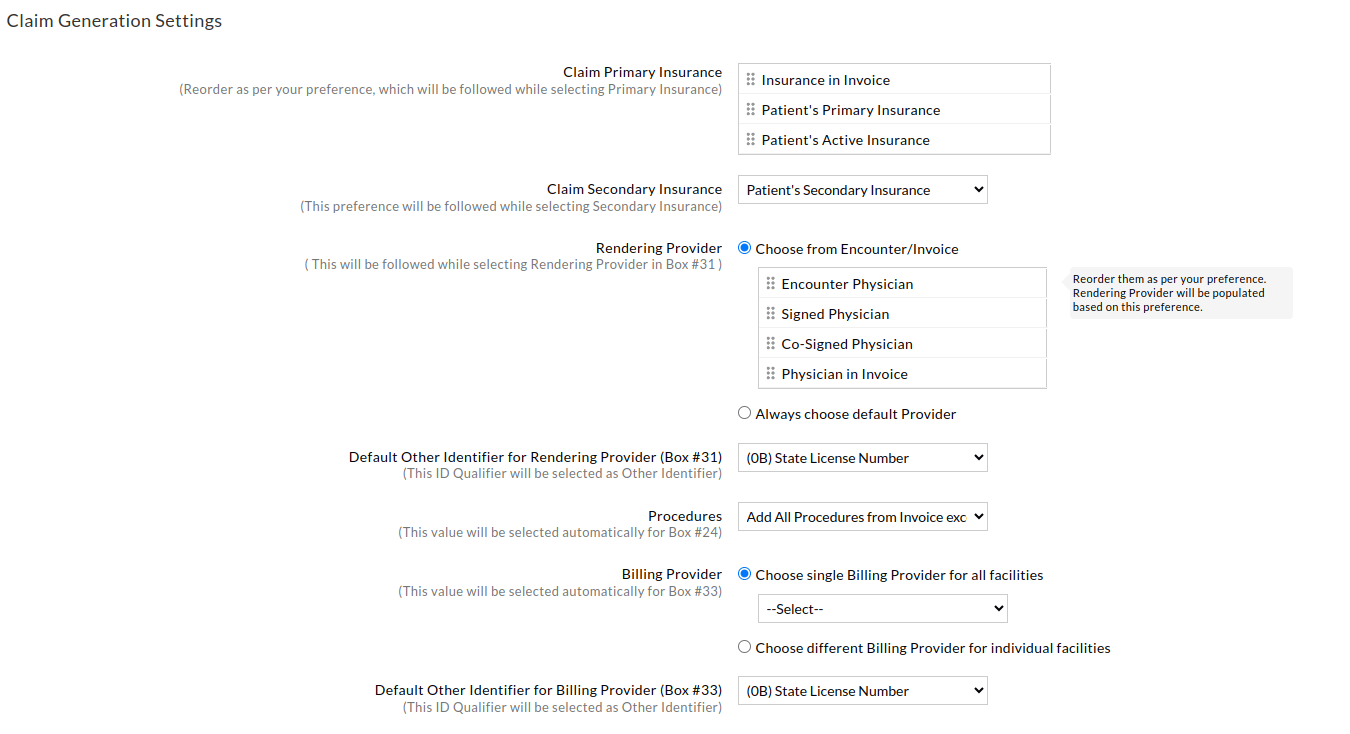 Claim Generation Settings