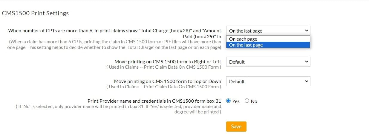 CMS1500 Print Settings