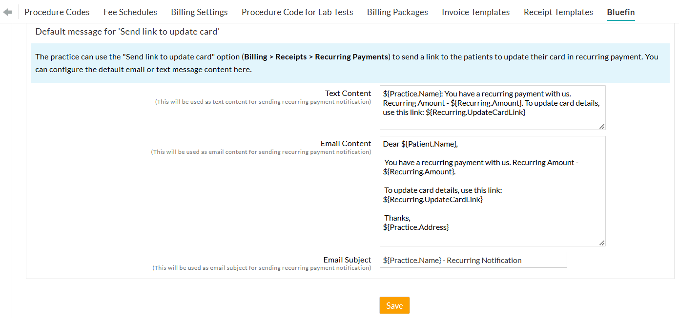 Default Message for Send Link to Update Card