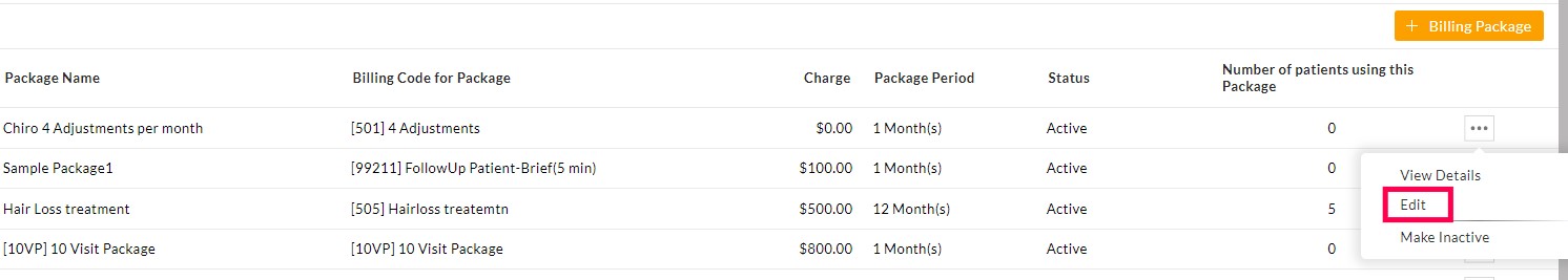 Edit Billing Package Option