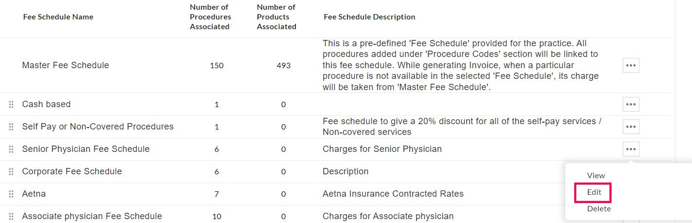 Edit Fee Schedule Option