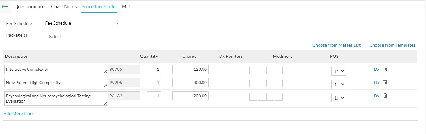Filled Procedure Codes Charges