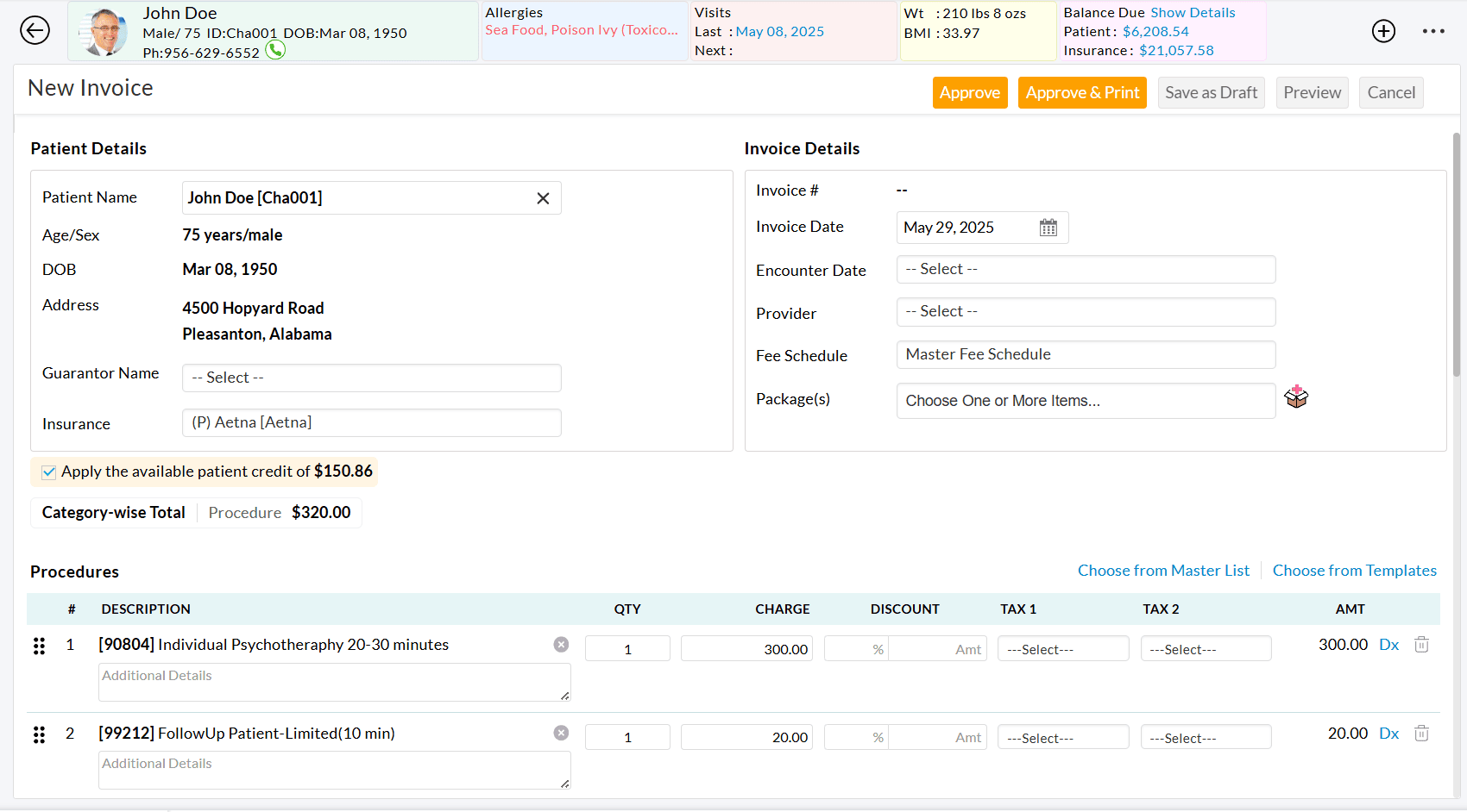 Filled Procedure Codes Charges