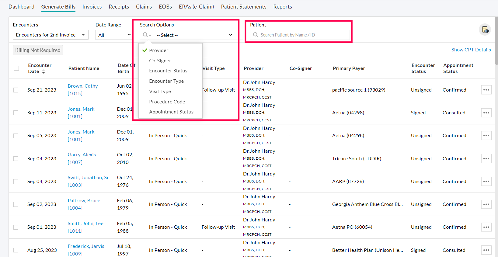 Generate Bills Search Options