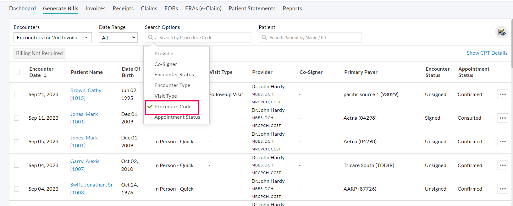 Generate Bills Search Options