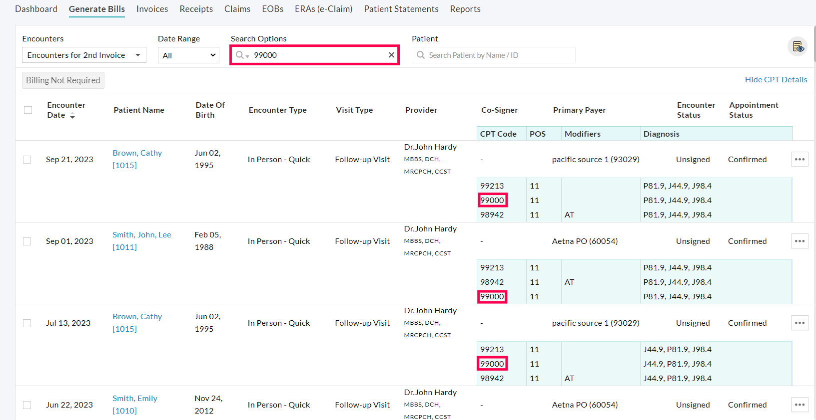 Generate Bills Search Options