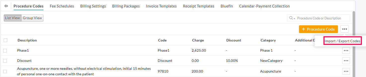 Import/Export Procedure Codes