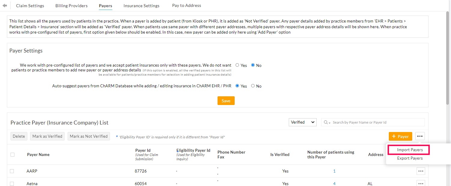 Import Payers Option