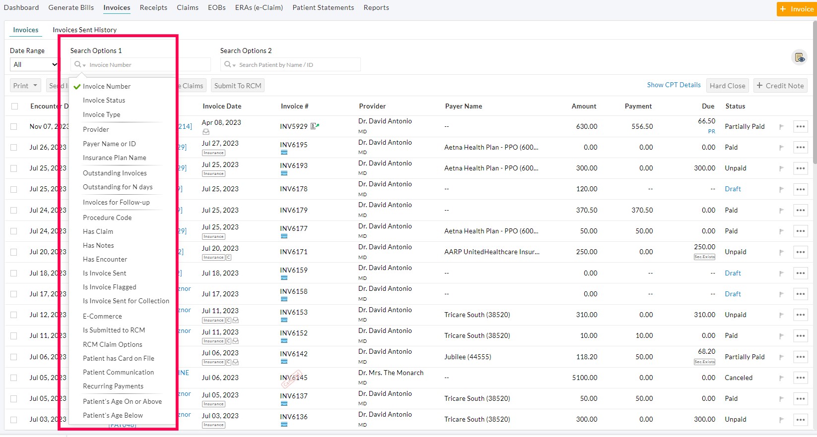 Invoice Search Options