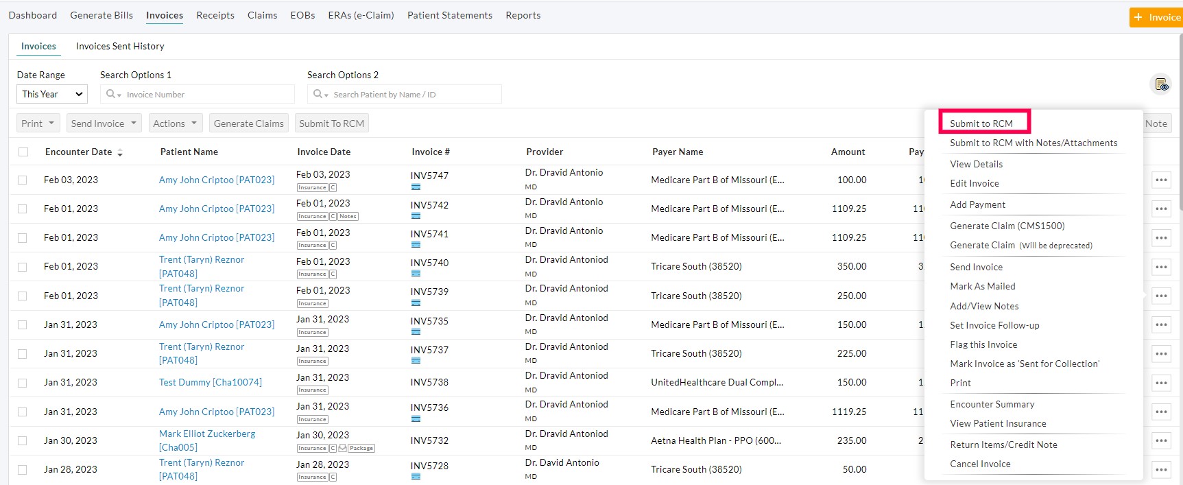 Invoice Submit to RCM Option
