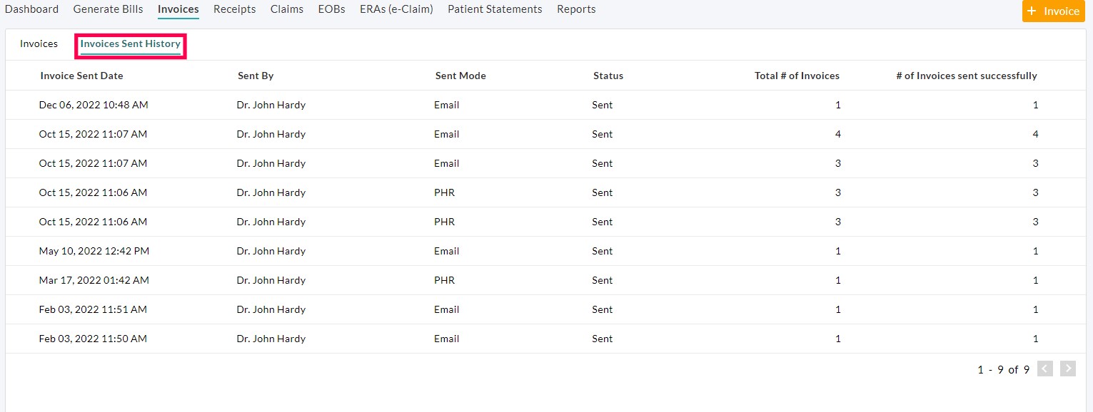 Invoices Sent History