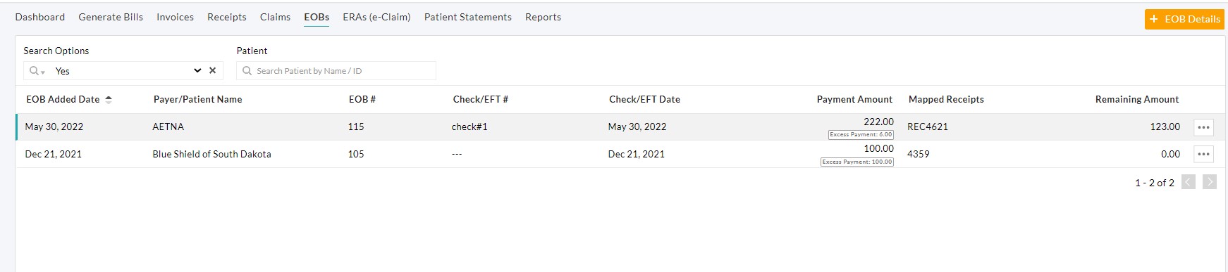 List EOBs with Excess Payments