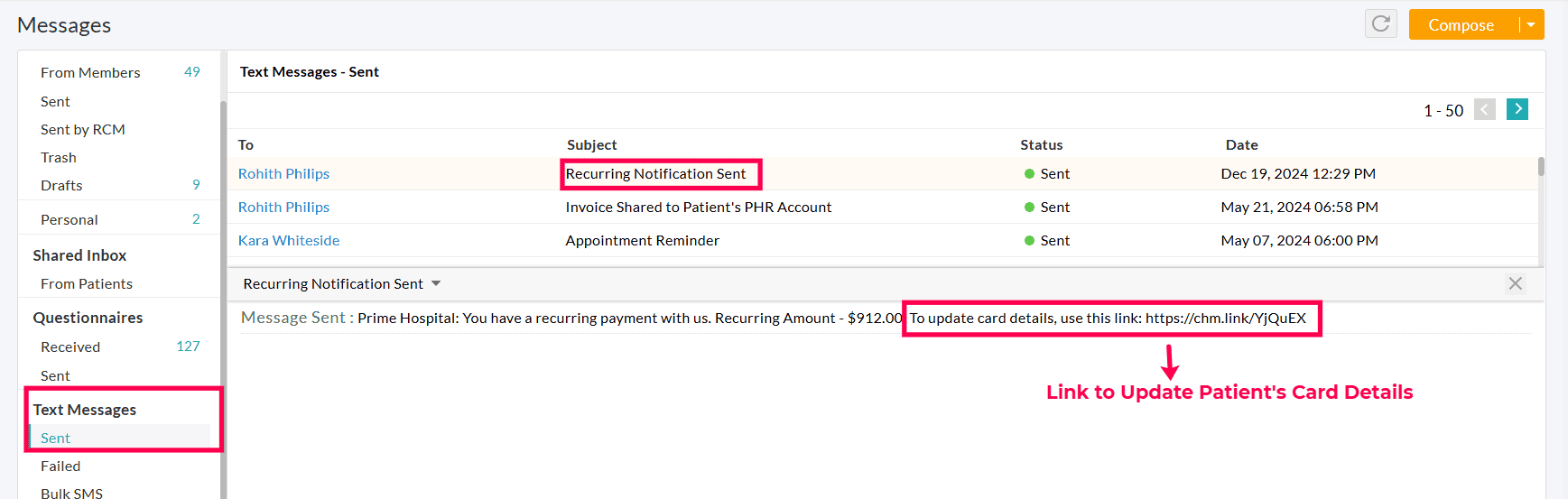 Messages Sent Recurring Notification with Link