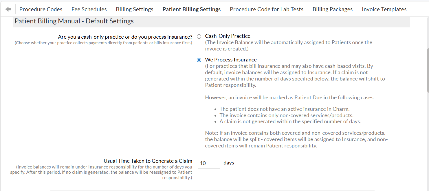 Patient Billing Manual Default Settings