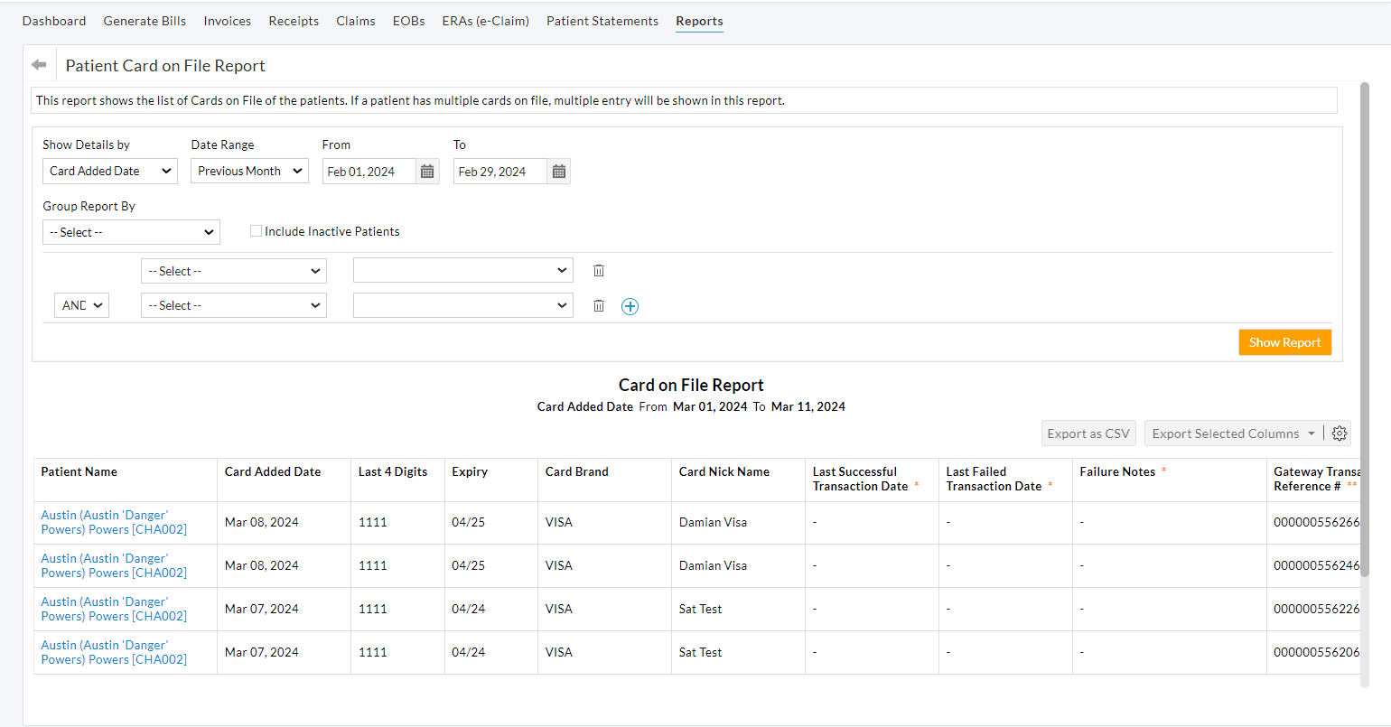 Patient Card on File Report