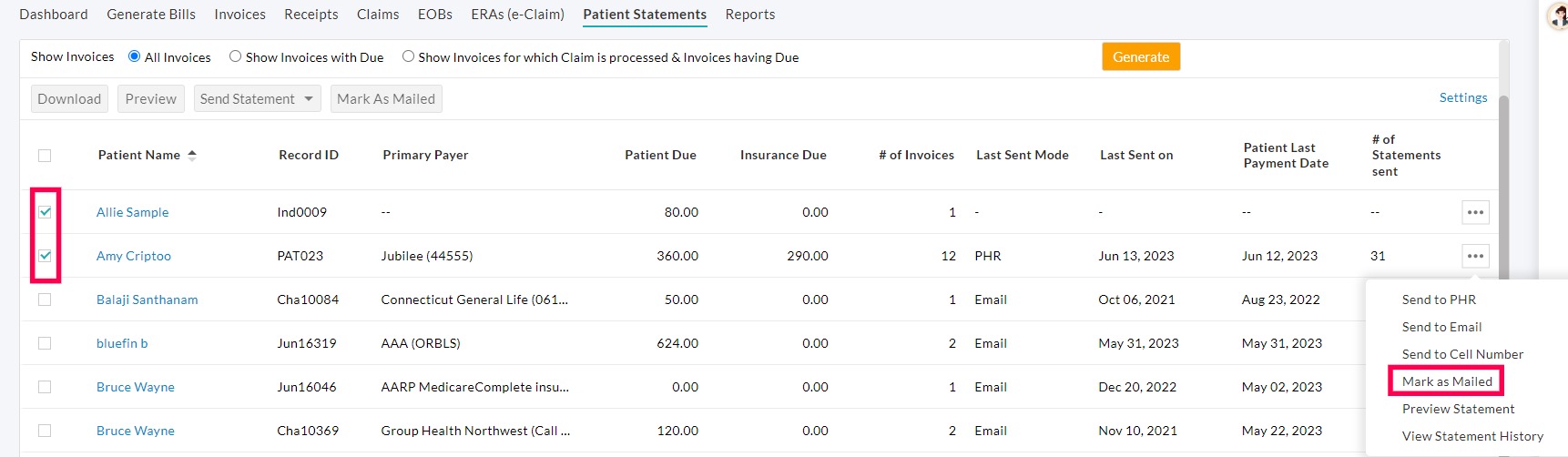 Patient Statements Mark as Mailed Option