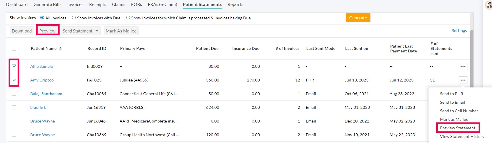 Patient Statements Preview