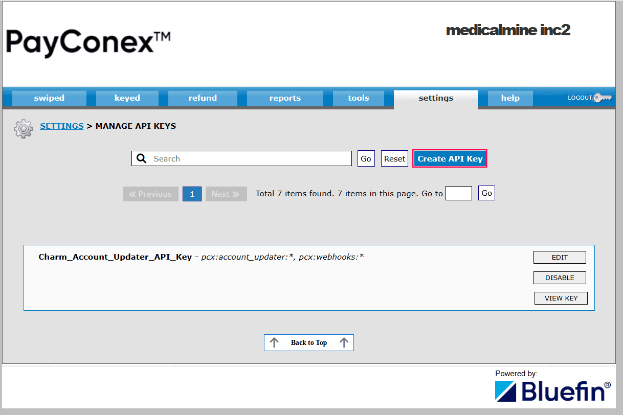 Payconex Create API Keys
