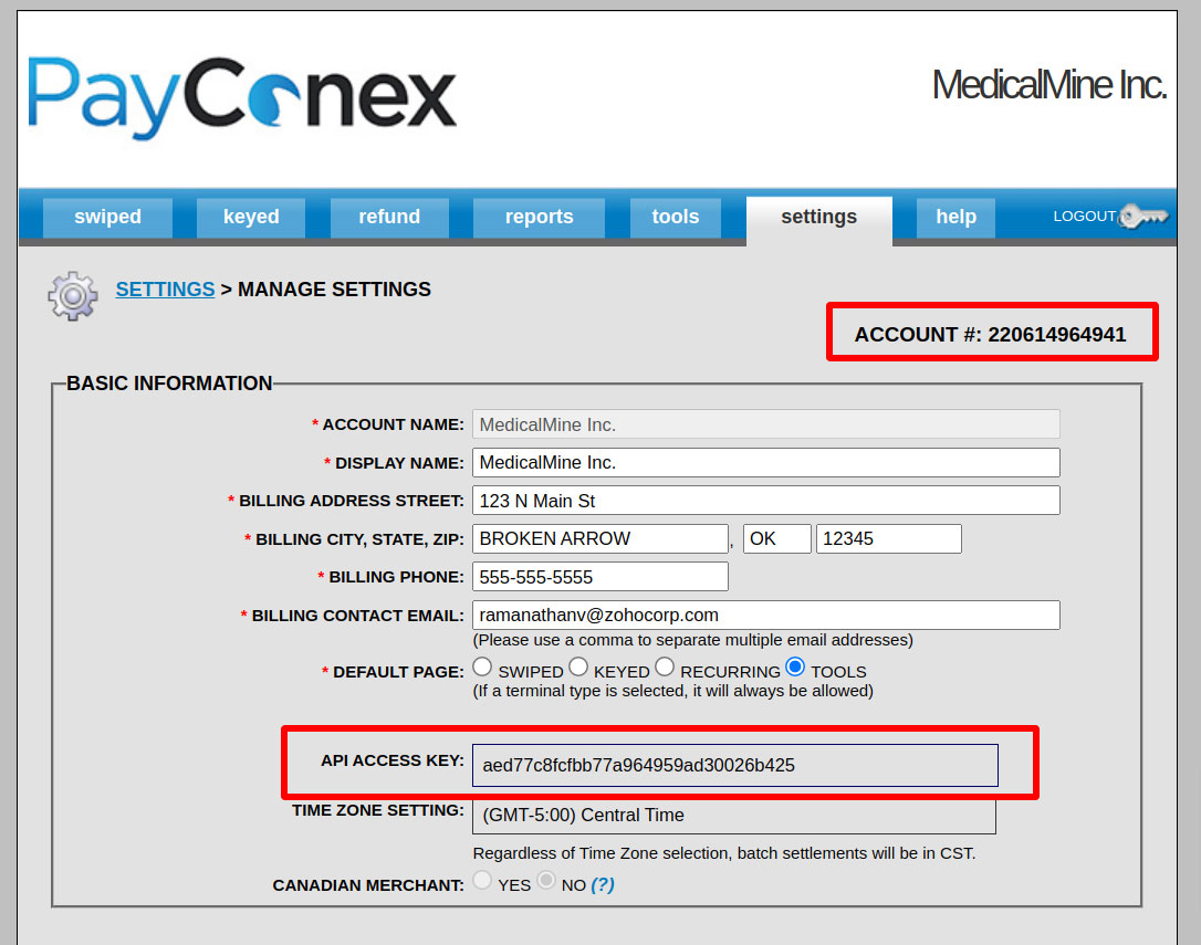 Payconex Manage Settings