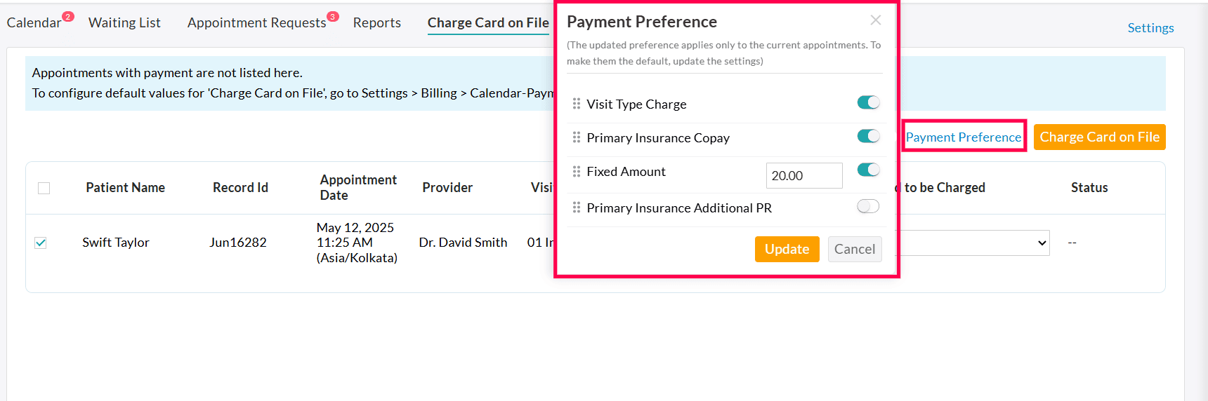 Payment Preference Charge Card on File Window