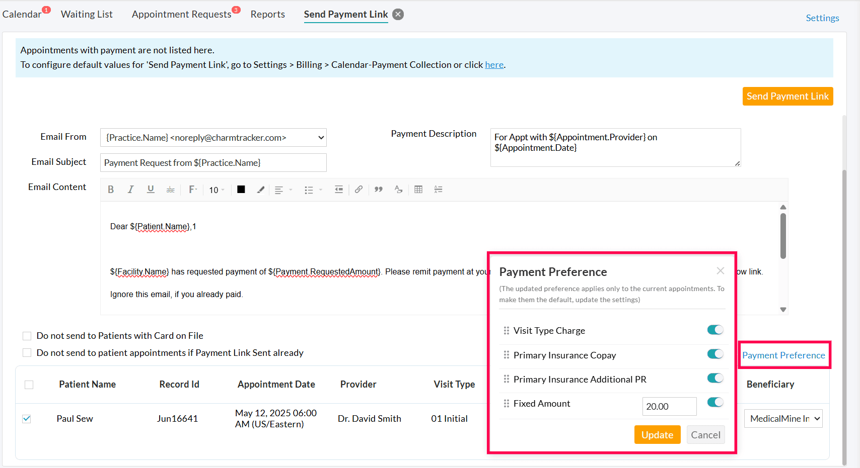Payment Preference Charge Send Payment Link Window
