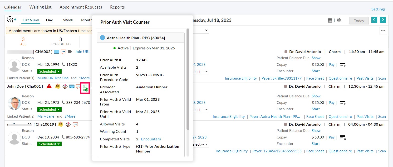 Prior Authorization Option Appointment List