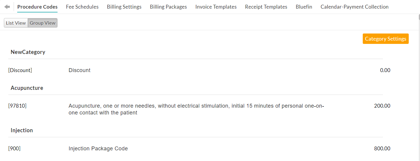 Procedure Codes Group View