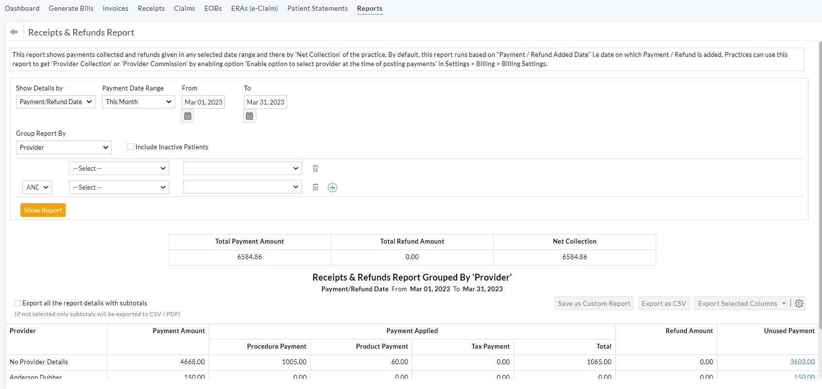 Receipts and Refund Report