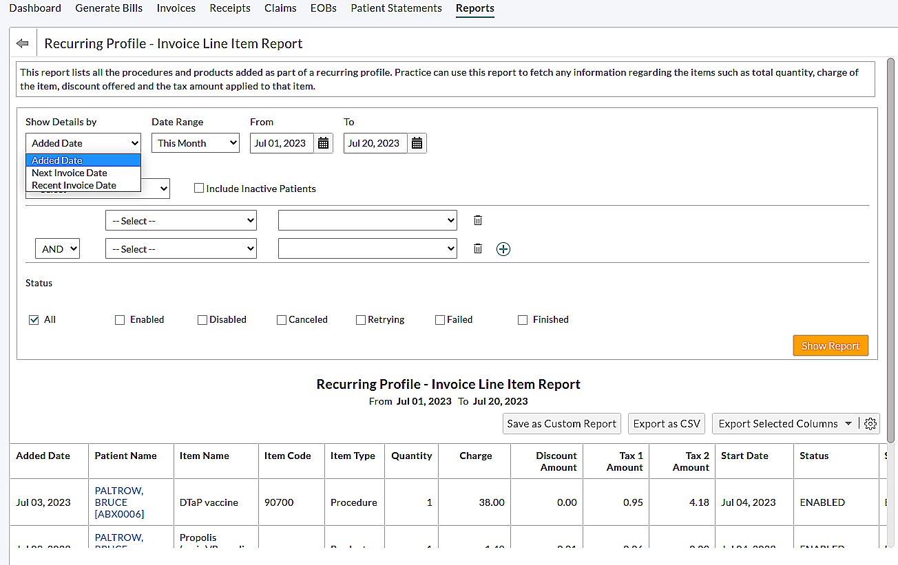 Recurring Profile - Invoice Line Item Report