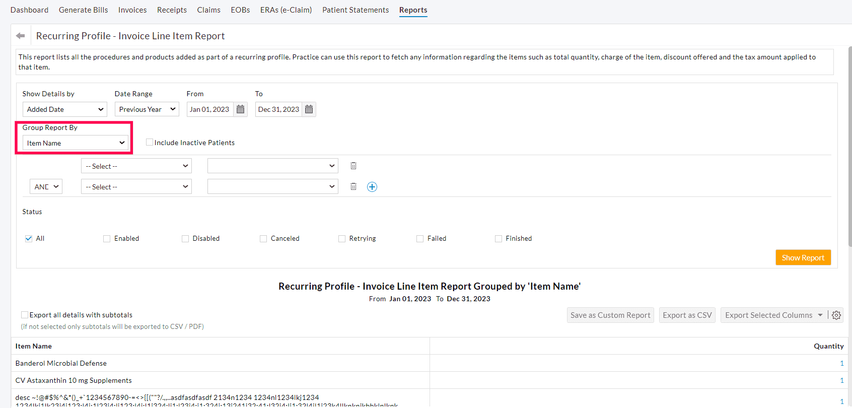 Recurring Profile - Invoice Line Item Report