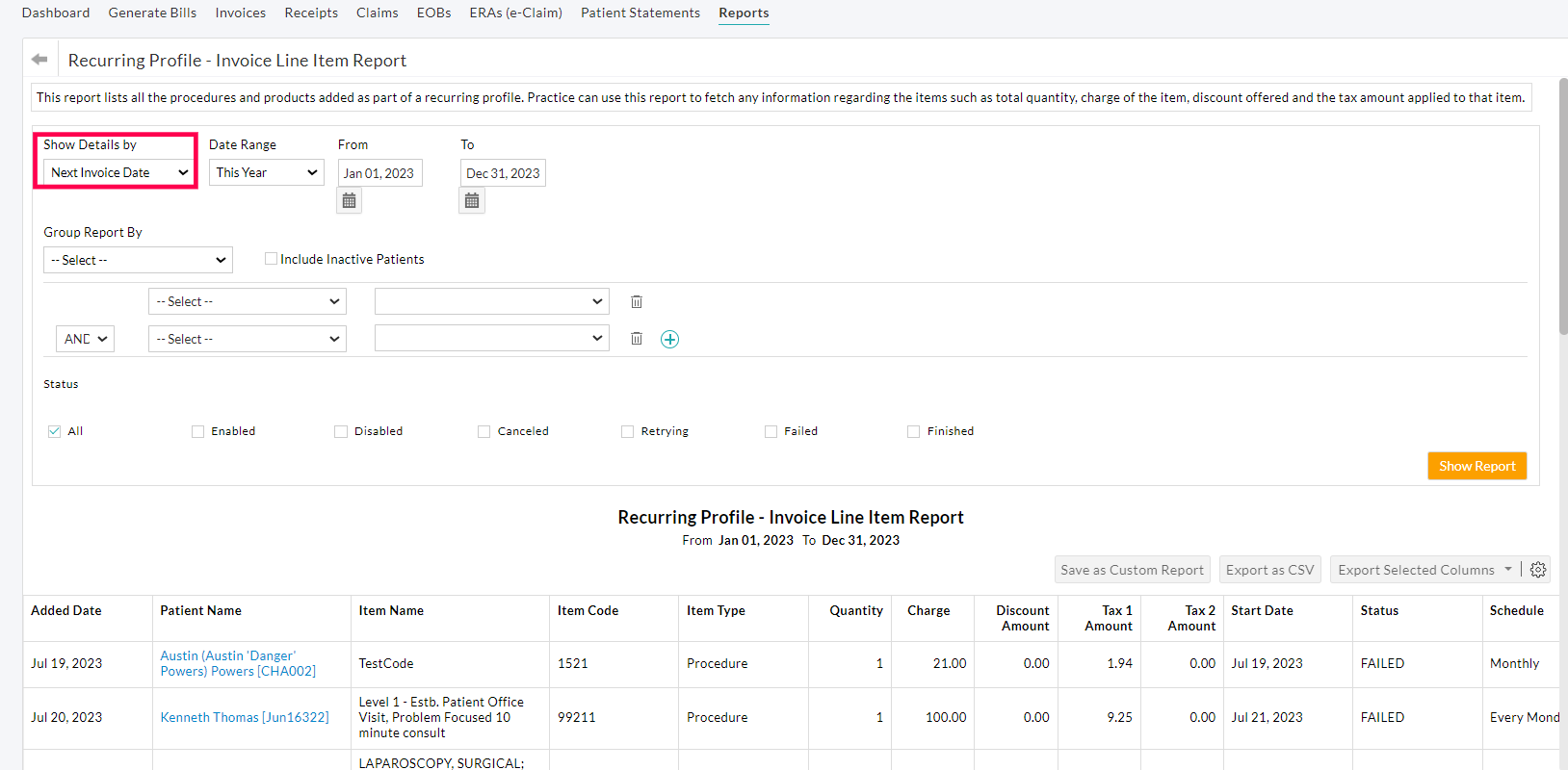 Recurring Profile - Invoice Line Item Report