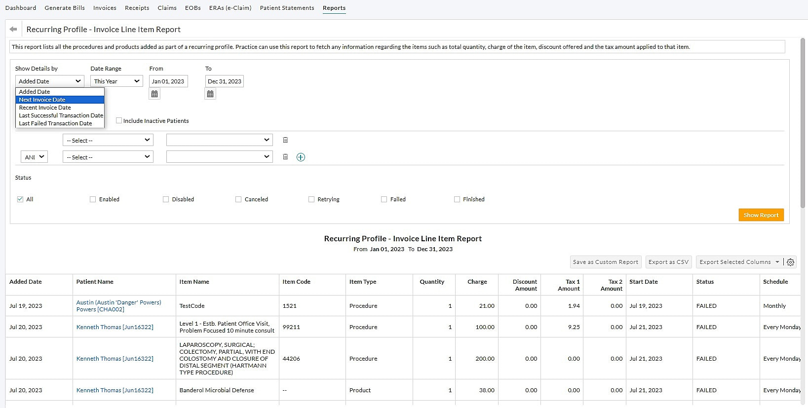 Recurring Profile - Invoice Line Item Report
