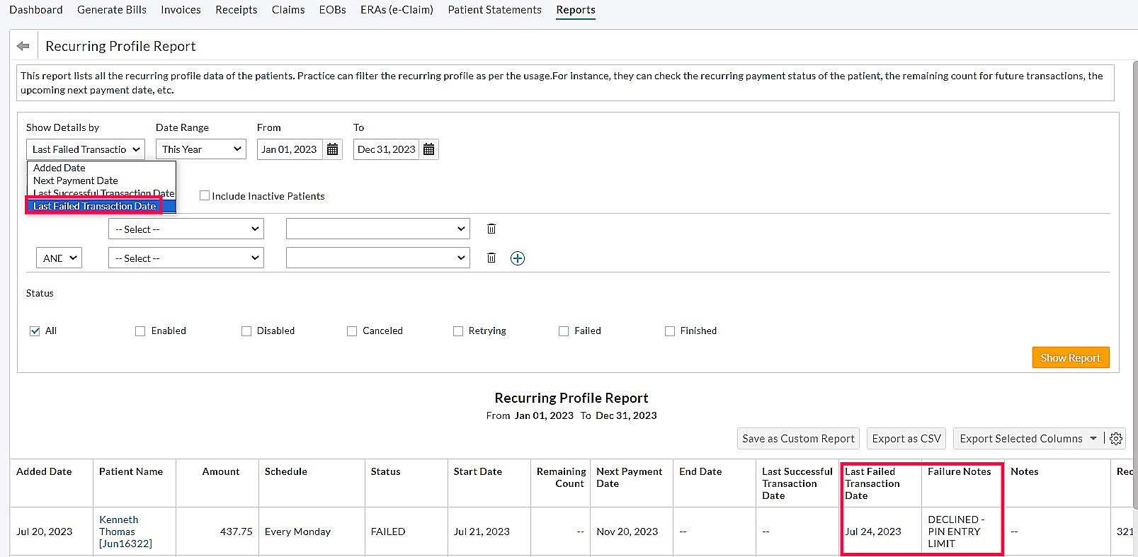 Recurring Profiles by Last Failed Transaction Date