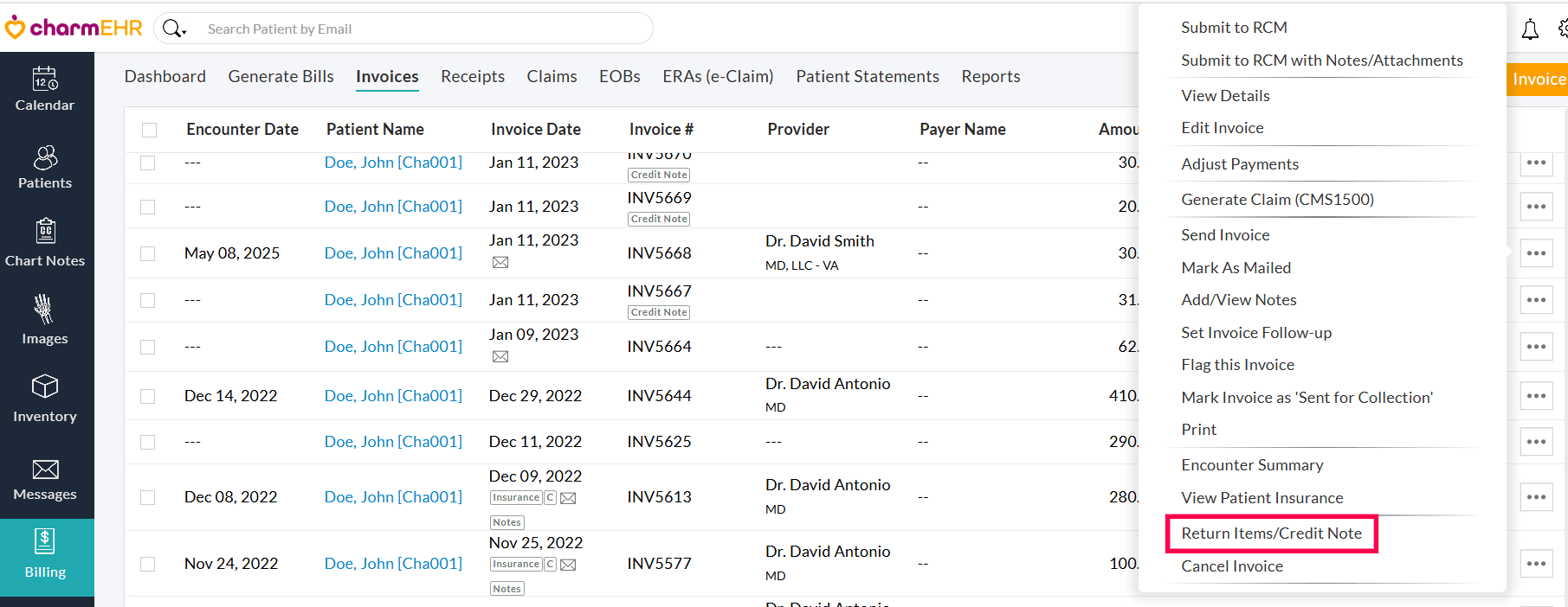 Return Items Credit Note Option