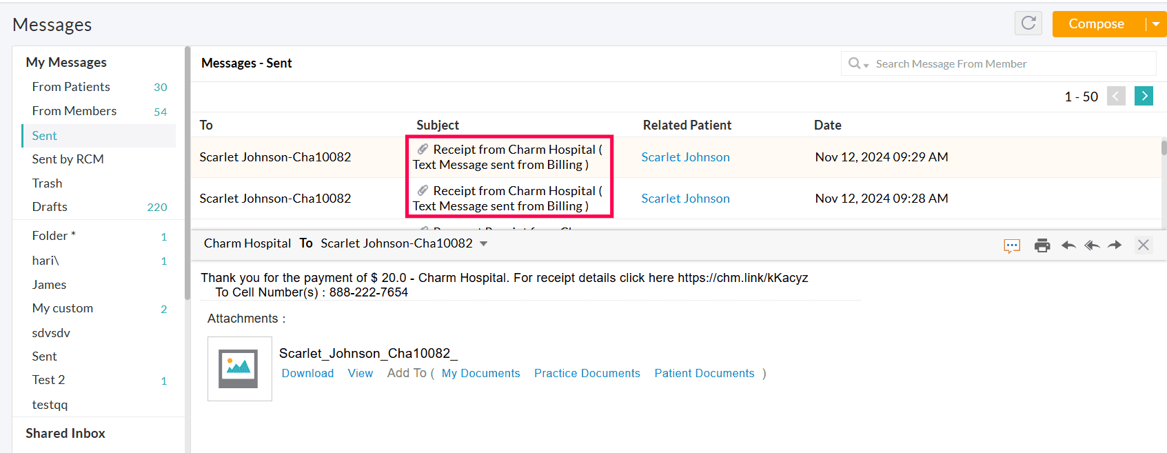 Sent Receipts in Messages Section